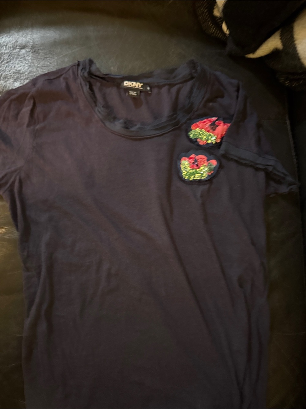 DKNY Navy Blue Tee with Red & Green Sequin Floral Patches